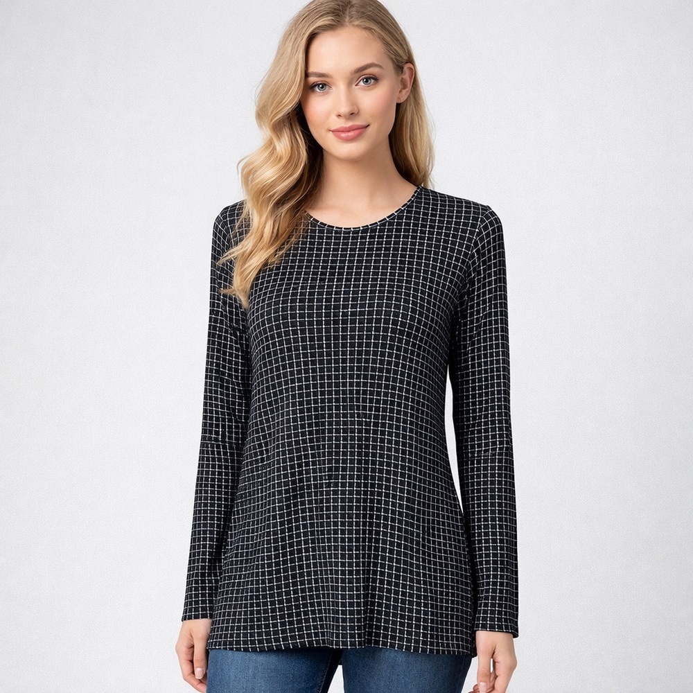 J Jill Wearever Black White Check Tunic Size XS Stretch Mod Minimalist Top